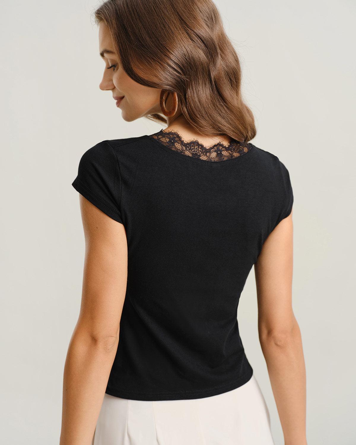 Black V Neck Twist Lace Tee Product Image