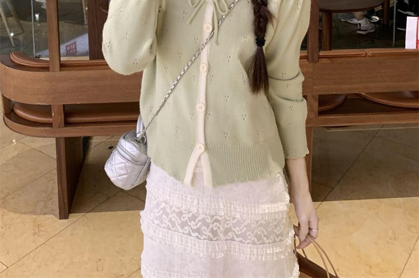 Round Neck Two Tone Bow Cardigan / Spaghetti Strap Contrast Trim Tiered Panel Lace Maxi A-Line Dress Product Image