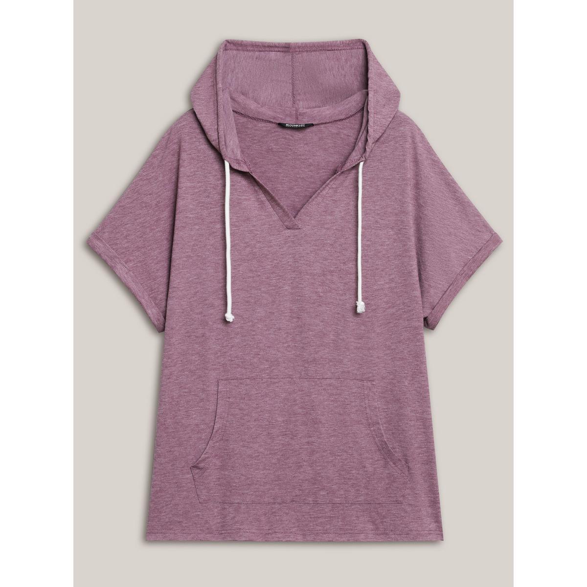 Plus Size Hooded Pockets Ties Plain T-Shirt Mauve Women Roll Hem Turtleneck Everyday-Casual T-shirts BloomChic 14-16/1X Product Image
