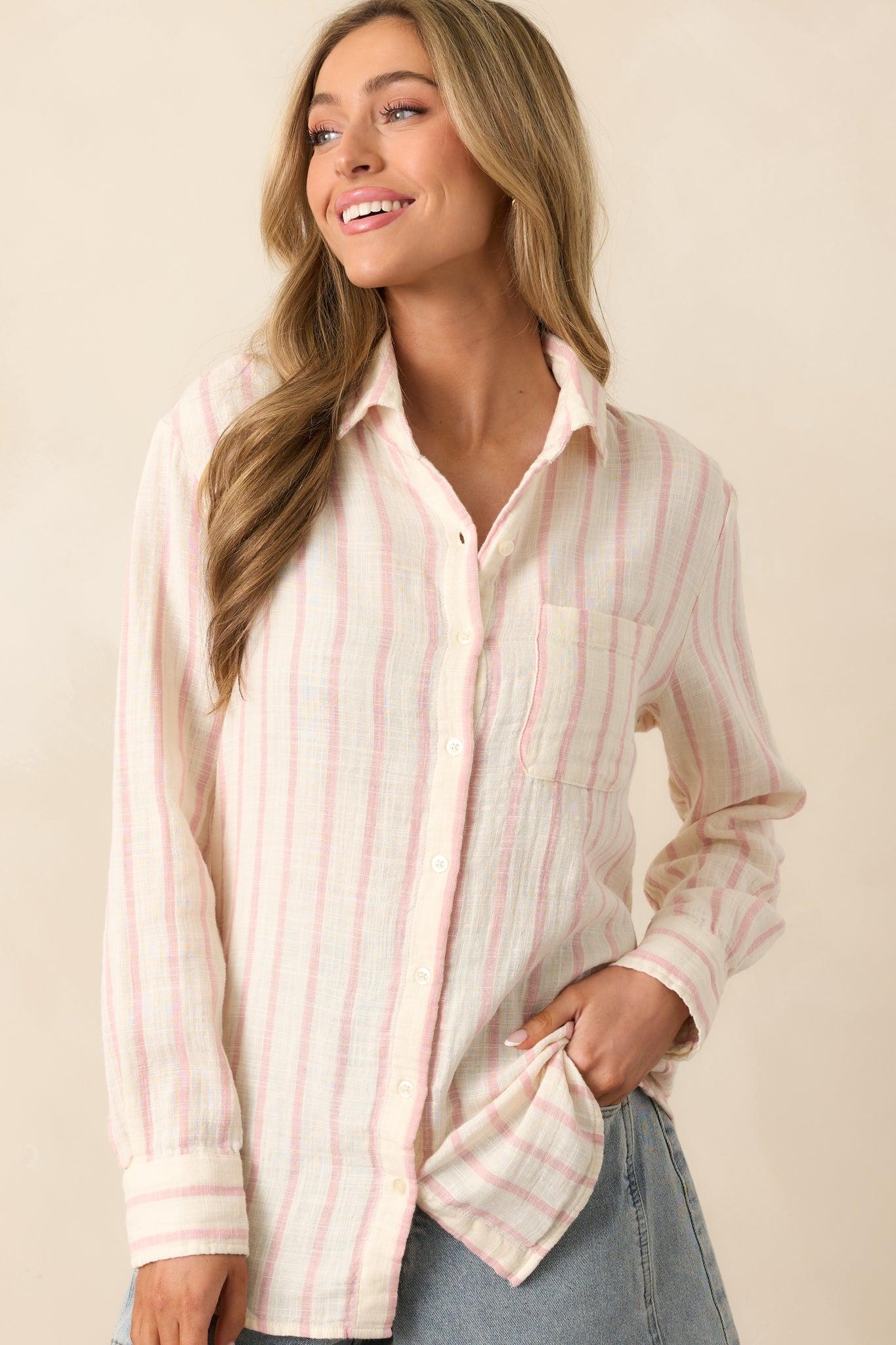 Z Supply Bone Ivory Saturdays Stripe Gauze Shirt Product Image
