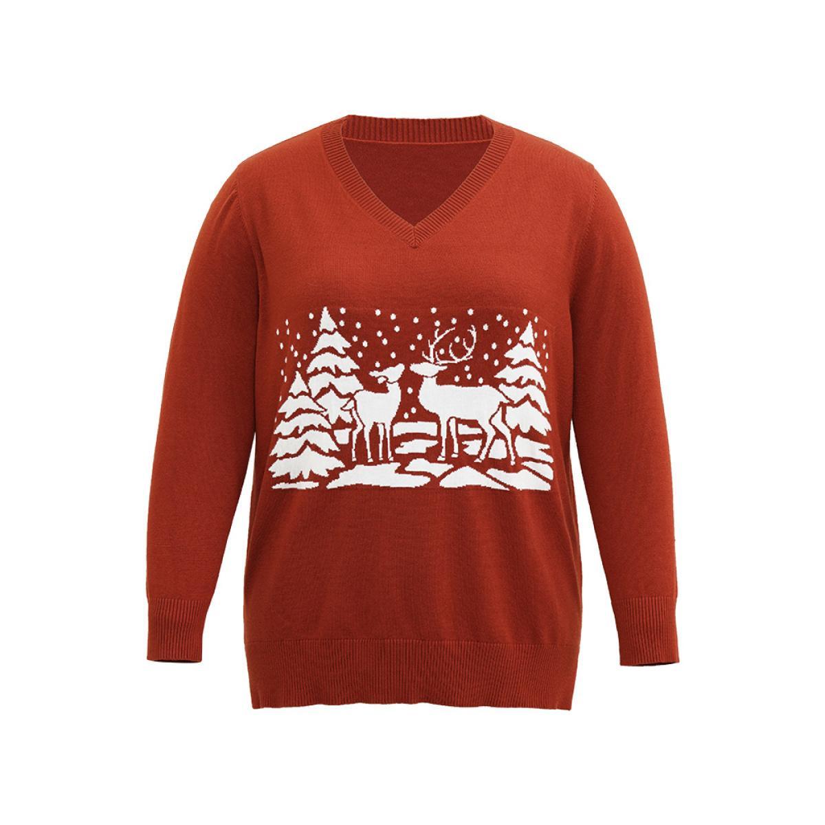 Plus Size Anti-Pilling Christmas Trees & Elk Print Pullover Rust Women Casual Loose Long Sleeve V-neck Festival-Christmas Pullovers BloomChic 30/6X Product Image