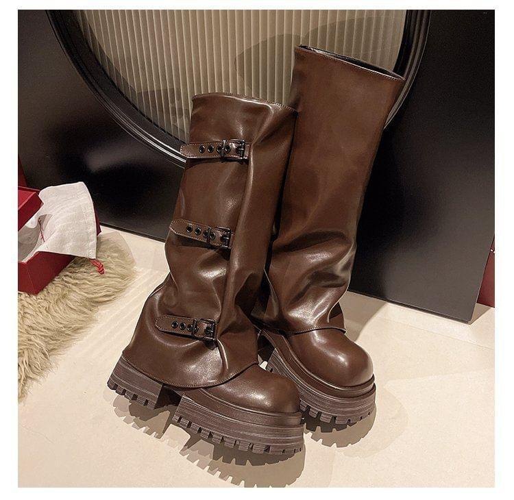 Platform Buckled Panel Knee High Boots Product Image