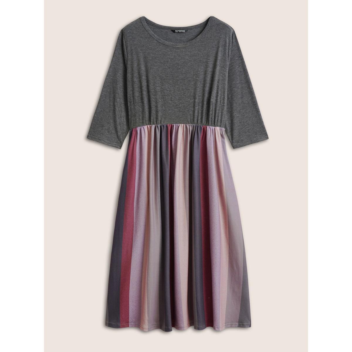 Plus Size Solid Patchwork Pocket Striped Flutter Hem Dress Burgundy Women Casual Non Round Neck Elbow-length sleeve Curvy Midi Dress BloomChic 14-16/1X Product Image