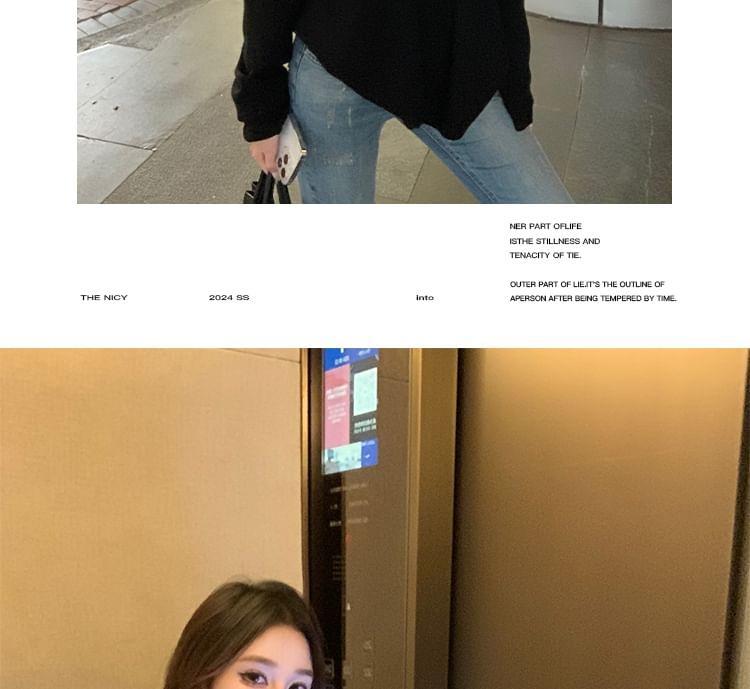 Long-Sleeve Off-Shoulder Plain Knit Top Product Image
