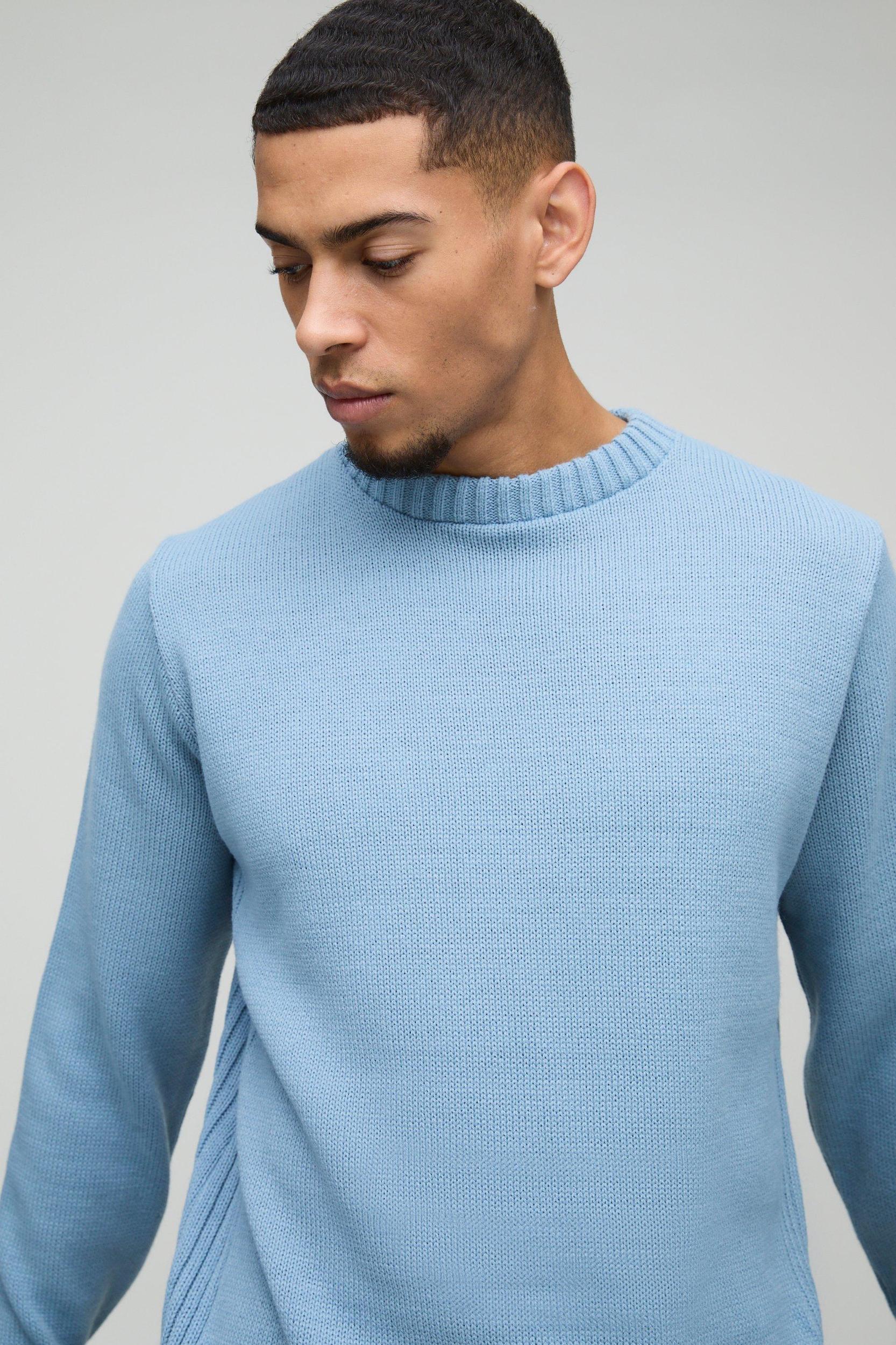 Regular Fit Ribbed Panel Crew Knitted Sweater | boohooMAN USA Product Image