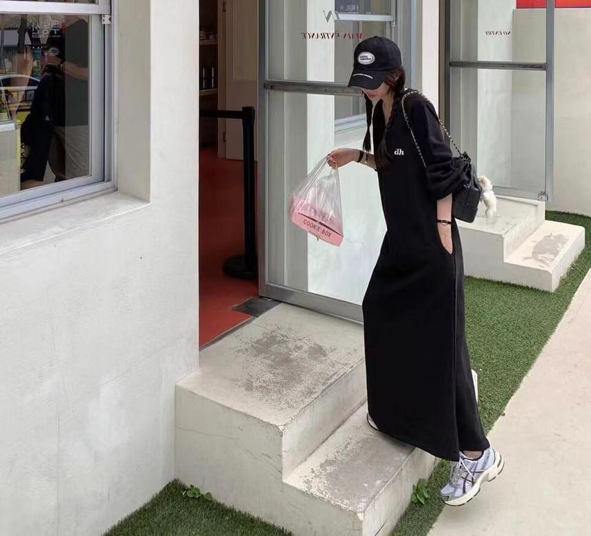 Long Sleeve V-Neck Lettering Print Losoe-Fit Maxi Sweatshirt Dress Product Image