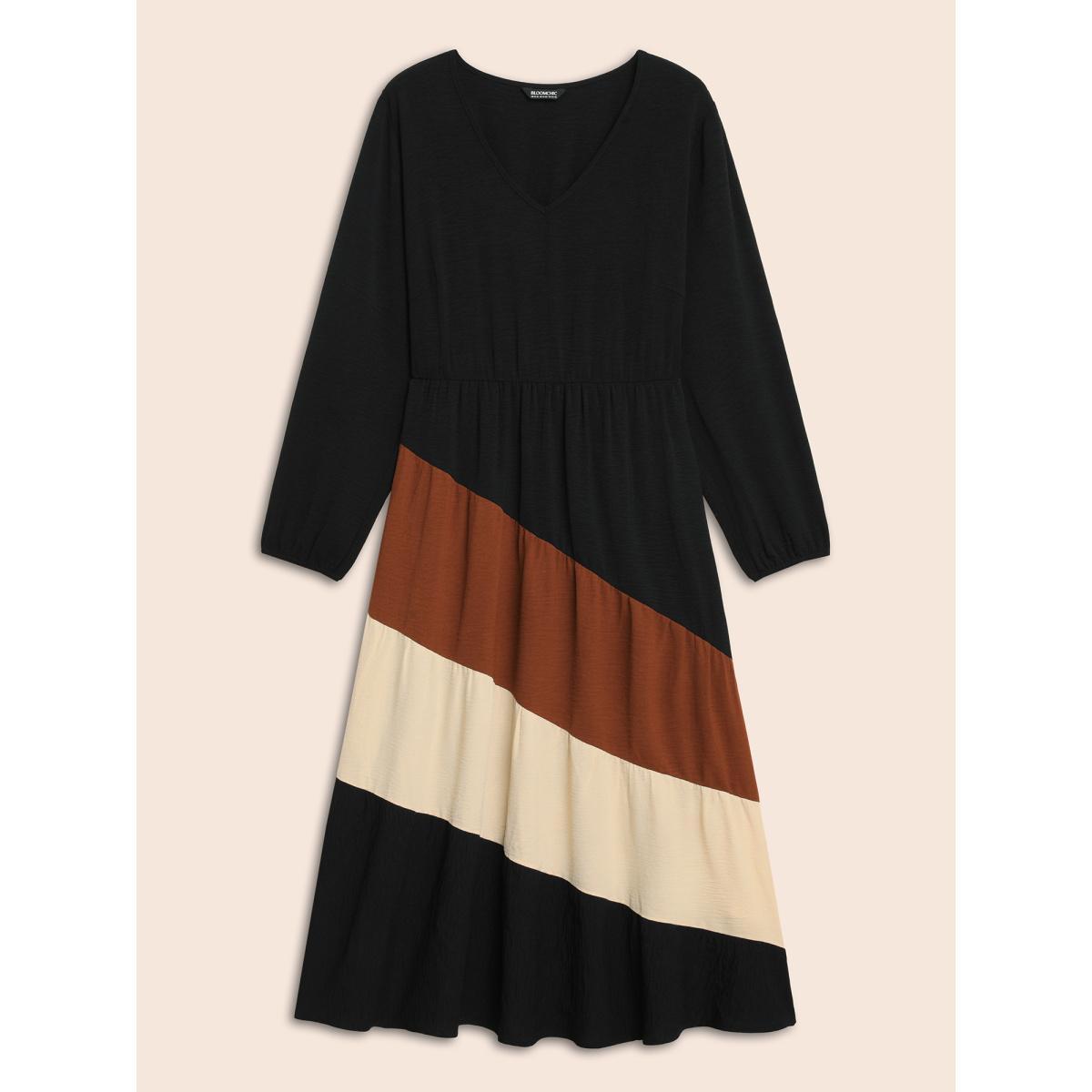 Plus Size Colorblock Contrast Gathered Lantern Sleeve Dress Black Women Elegant Contrast V-neck Long Sleeve Curvy BloomChic 10/M Product Image