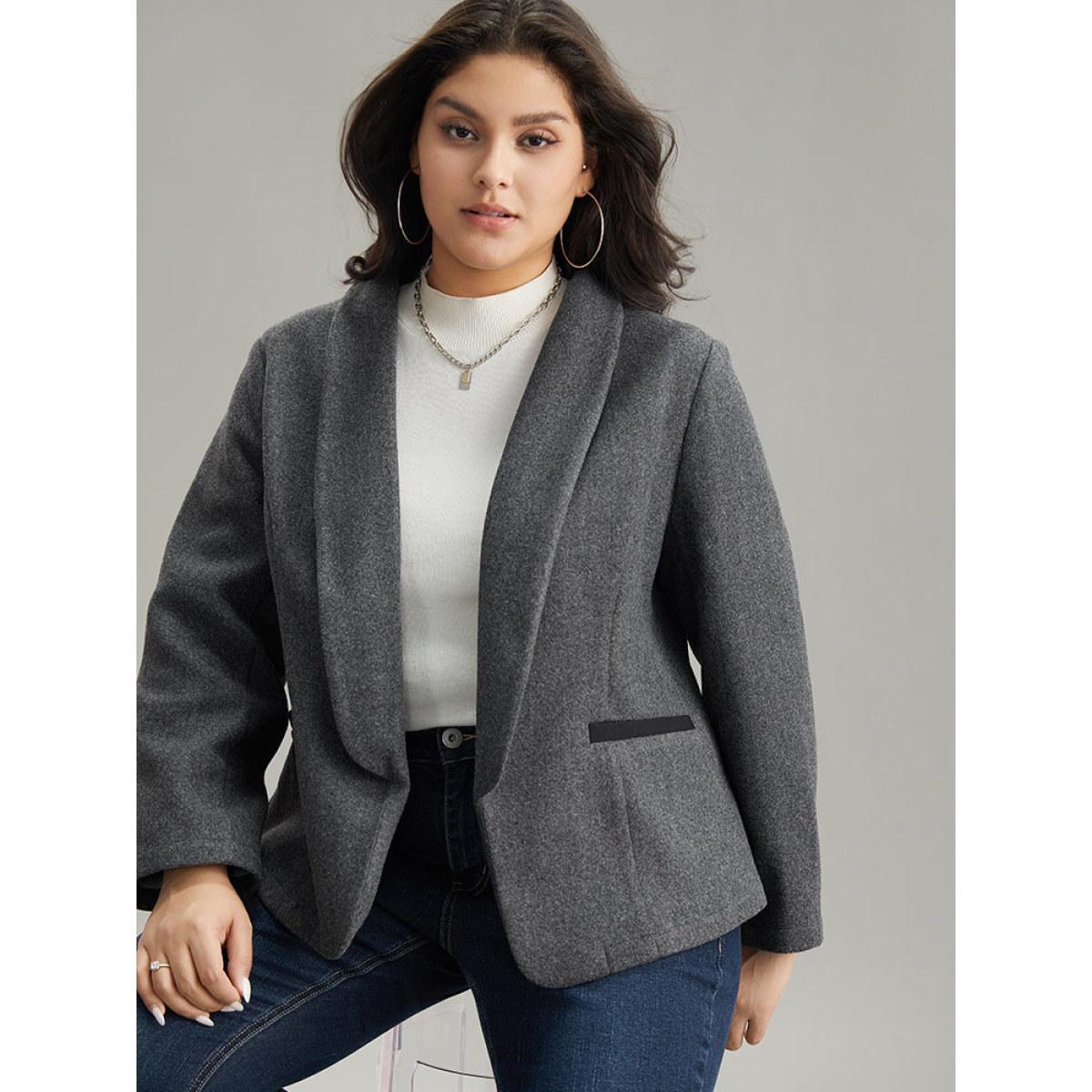 Plus Size Lapel Collar Texture Pocket Contrast Trim Blazer Gray Women Work Plain Texture Sleeve Long Sleeve Lapel Collar 22-24/3X Pocket At the Office Blazers BloomChic Product Image