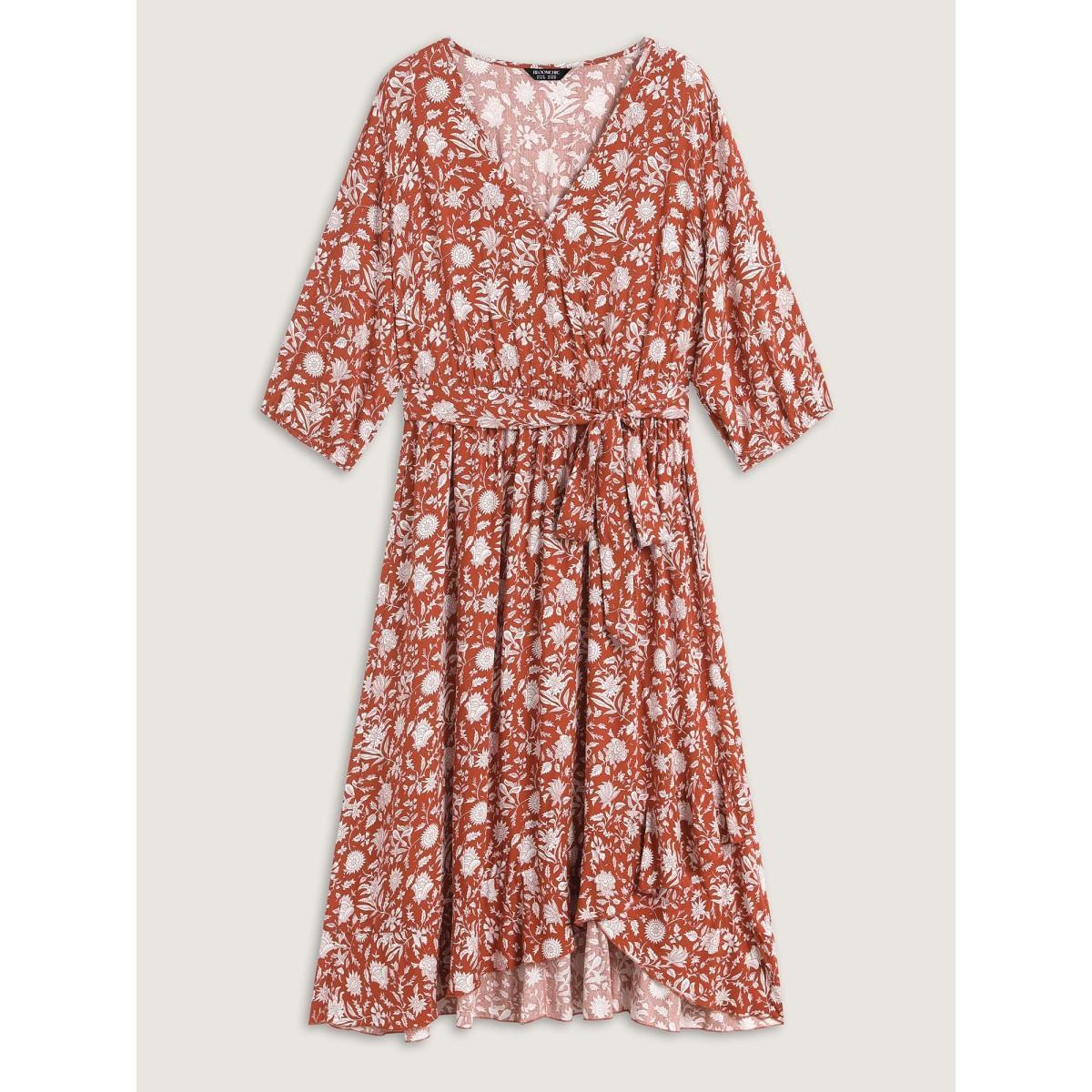 Plus Size Rayon Silhouette Flower Side-Tie Midi Dress Coral Women Overlap Collar Elbow-length sleeve Curvy BloomChic 30/6X Product Image