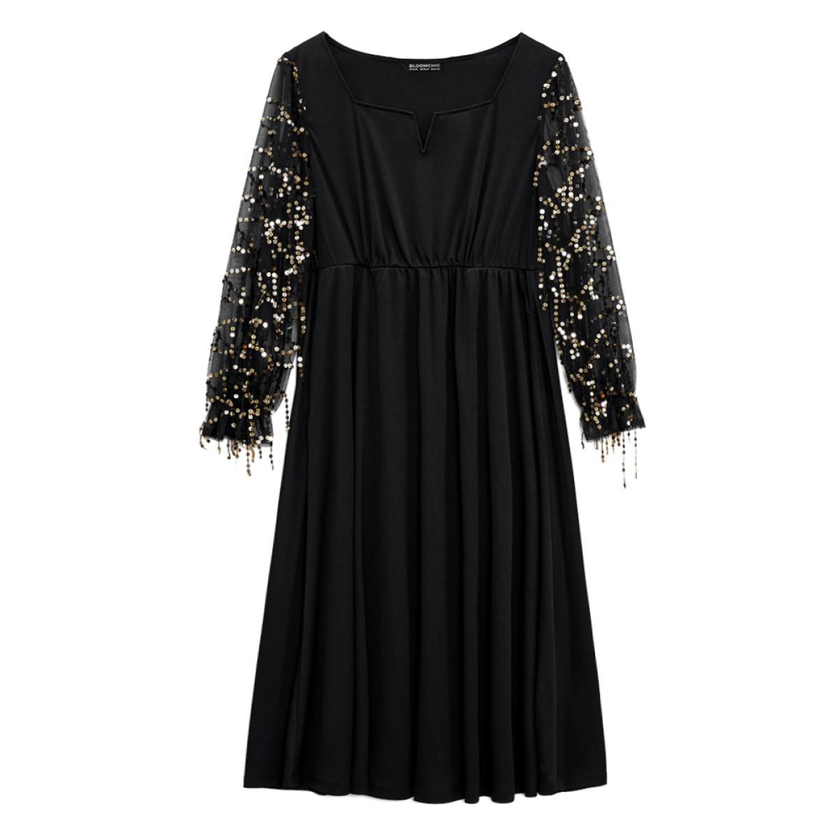 Plus Size Notched Mesh Gathered Sequin Tassel Trim Dress Black Women Glamour Sequin Notched collar Long Sleeve Curvy Midi Dress BloomChic 30/6X Product Image