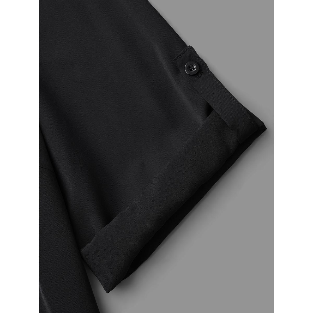 Plus Size Black Plain V Neck Half Zip Tab Sleeve Blouse Women Elegant Elbow-length sleeve V-neck Everyday Blouses BloomChic 18-20/2X Product Image