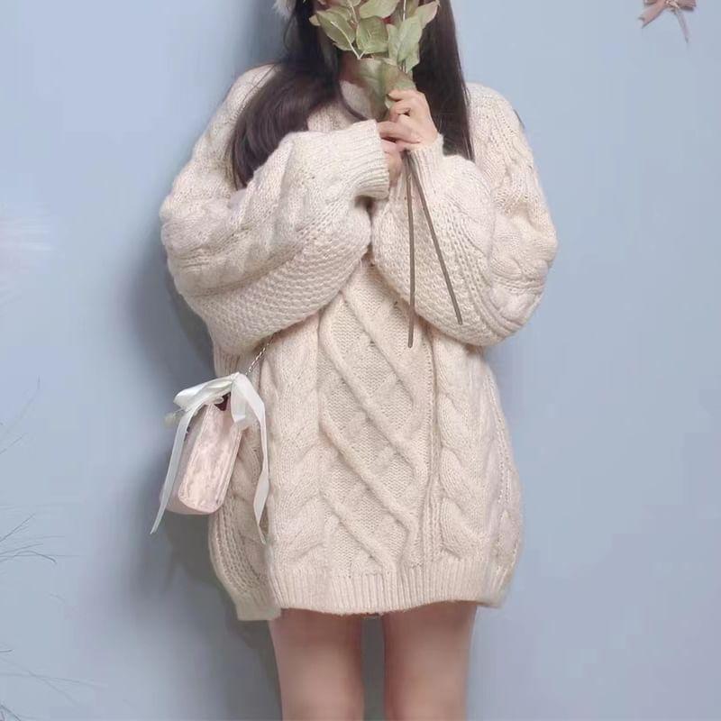 Crew Neck Plain Cable Knit Oversized Sweater Product Image