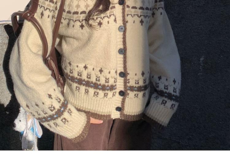 Hooded Patterned Button Up Oversized Cardigan Product Image