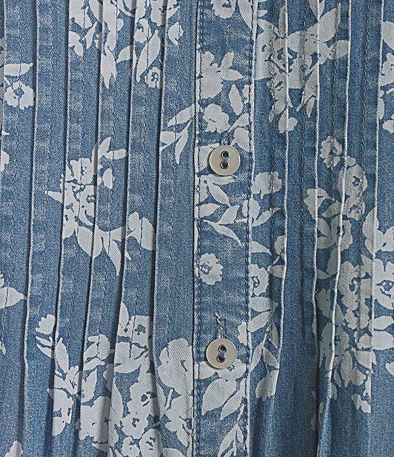 Allison Daley Blooming Flowers Print Short Tie Sleeve Y-Neck Button-Front Pintuck Blouse Product Image