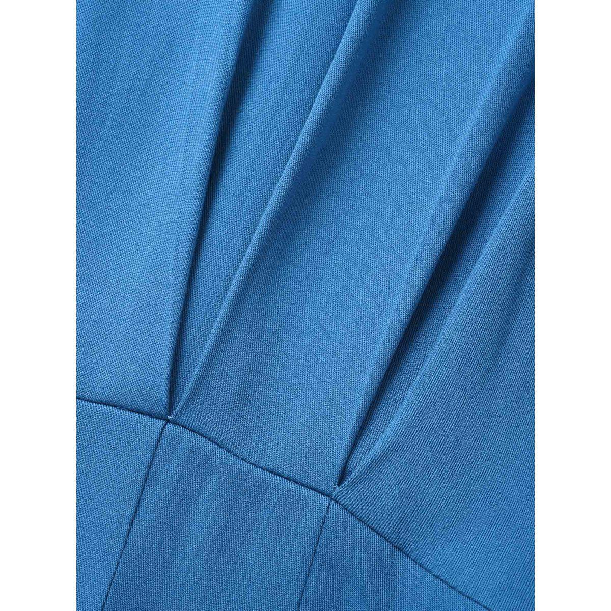 Plus Size Plain Shirt Collar Pleated Midi Dress Mediumblue Women At the Office Pleated Shirt collar Short sleeve Curvy BloomChic 12/L Product Image
