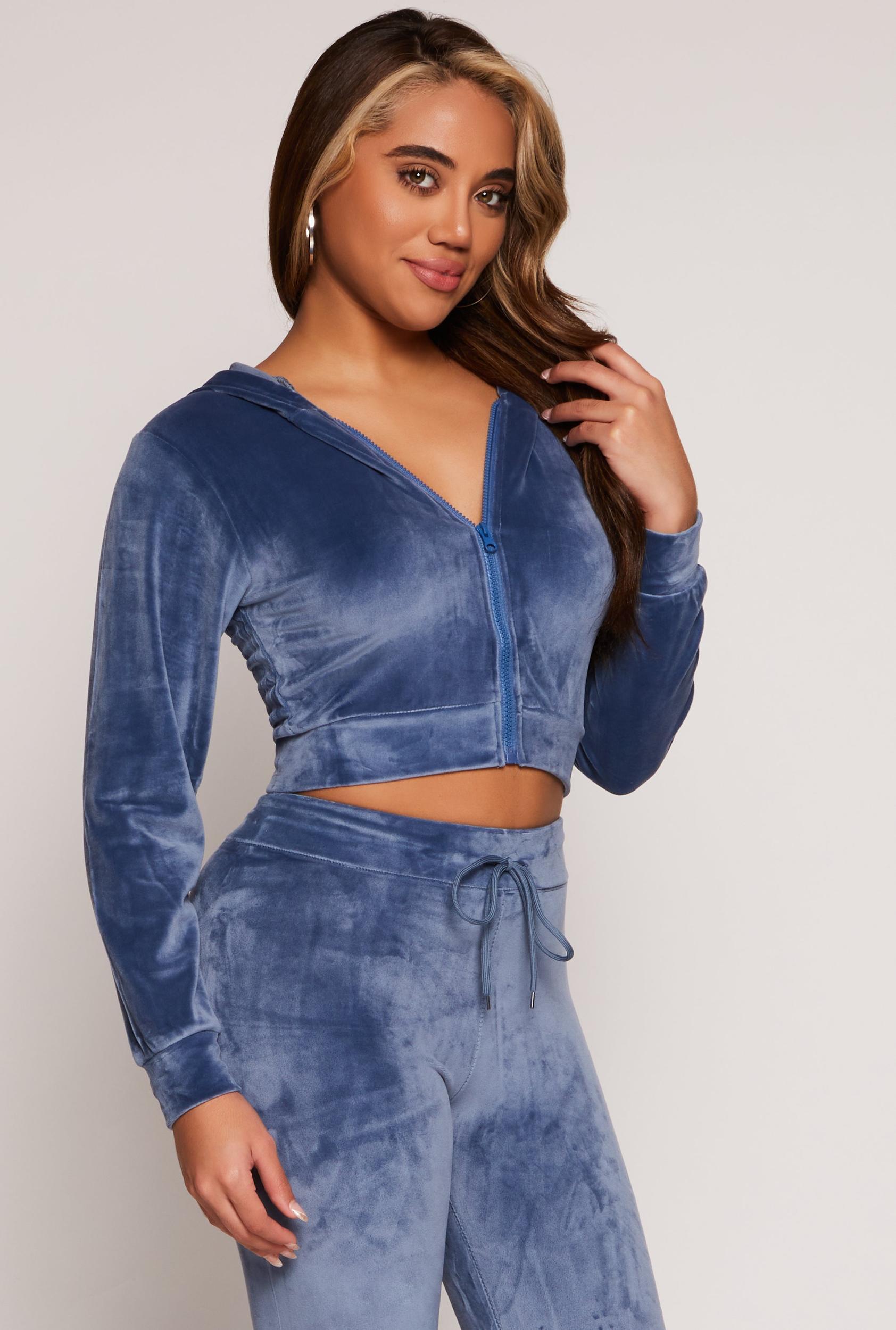 Womens Velour Zip Up Hooded Crop Top Product Image