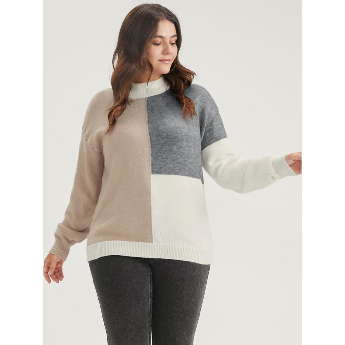 Plus Size Colorblock Contrast Pointelle Knit Heather Mock Neck Knit Top Multicolor Women Casual Long Sleeve Mock Neck Dailywear Pullovers BloomChic 26/4X Product Image