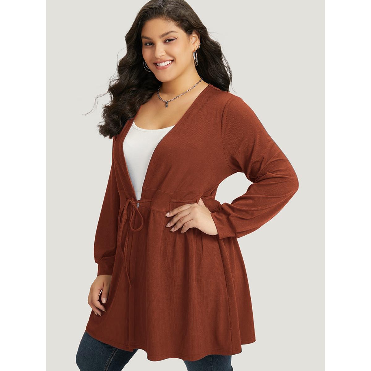 Plus Size Plain Drawstring Knot Gathered Open Front Coat Women Cyan Casual Plain Dailywear Kimonos BloomChic 10/M Product Image