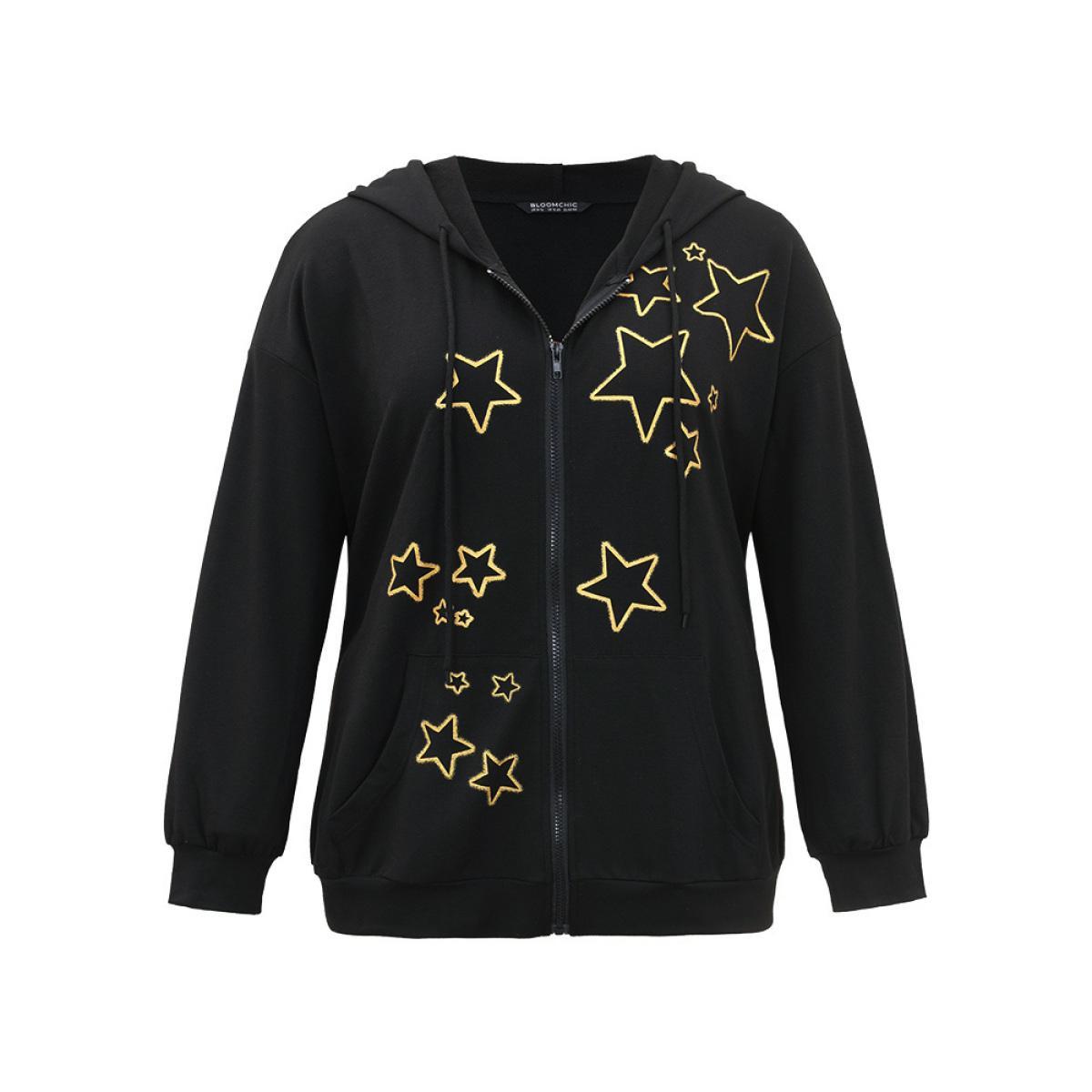 Plus Size Star Zipper Pocket Hooded Sweatshirt Women Black Casual Printed Hooded Dailywear Sweatshirts BloomChic 30/6X Product Image