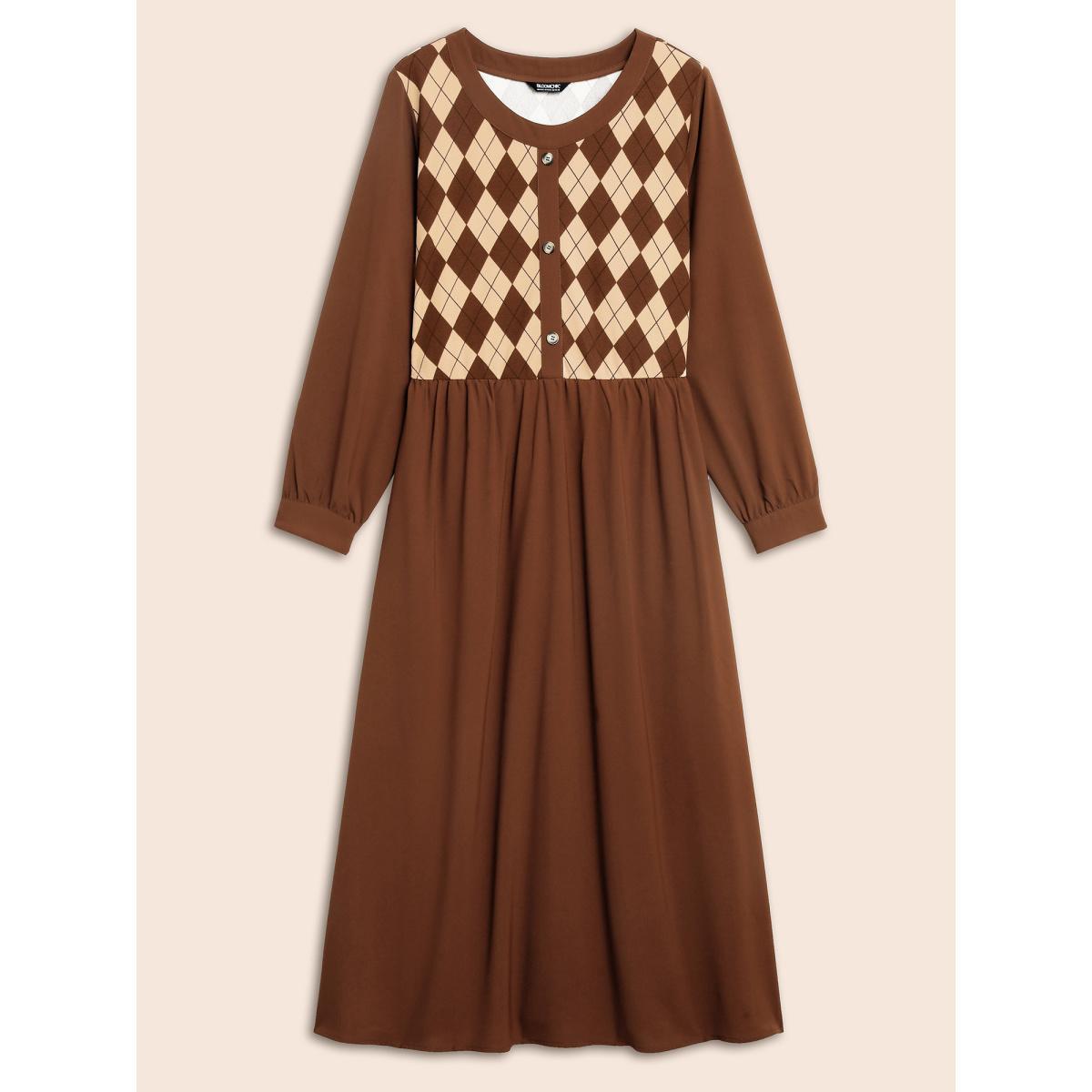 Plus Size Geometric Crew Neck Button Detail Dress Browncoffeecolor Women Elegant Patchwork Round Neck Long Sleeve Curvy BloomChic 28/5X Product Image