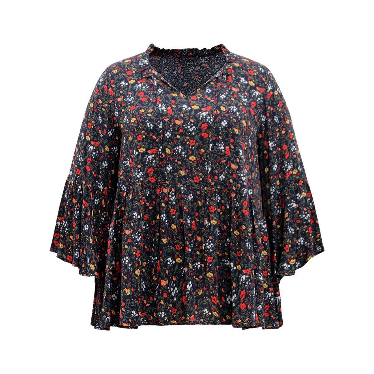 Plus Size Indigo Floral Tie Neck Frill Trim Bell Sleeve Blouse Women Elegant Long Sleeve Tie Neck Dailywear Blouses BloomChic 10/M Product Image