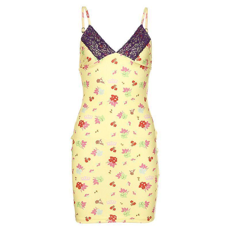 Spaghetti-Strap V-Neck Floral Print Lace-Panel Mini Bodycon Dress Product Image