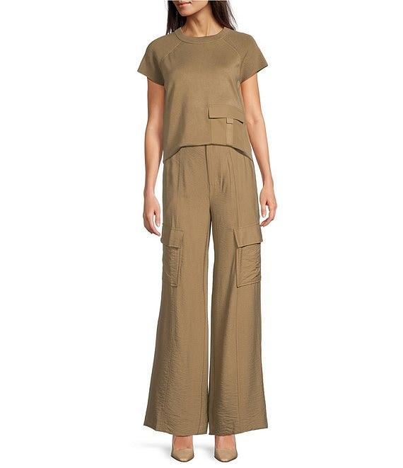 DKNY by Donna Karan Mixed Media Satin Cargo Pocket Crew Neck Short Sleeve Top Product Image