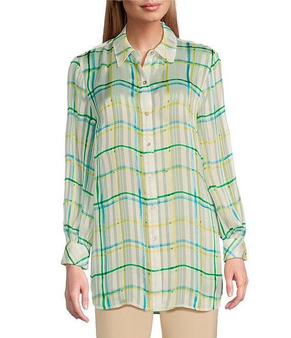 Investments Woven Multi Windowpane Plaid Long Sleeve Point Collar Button Front Top Product Image