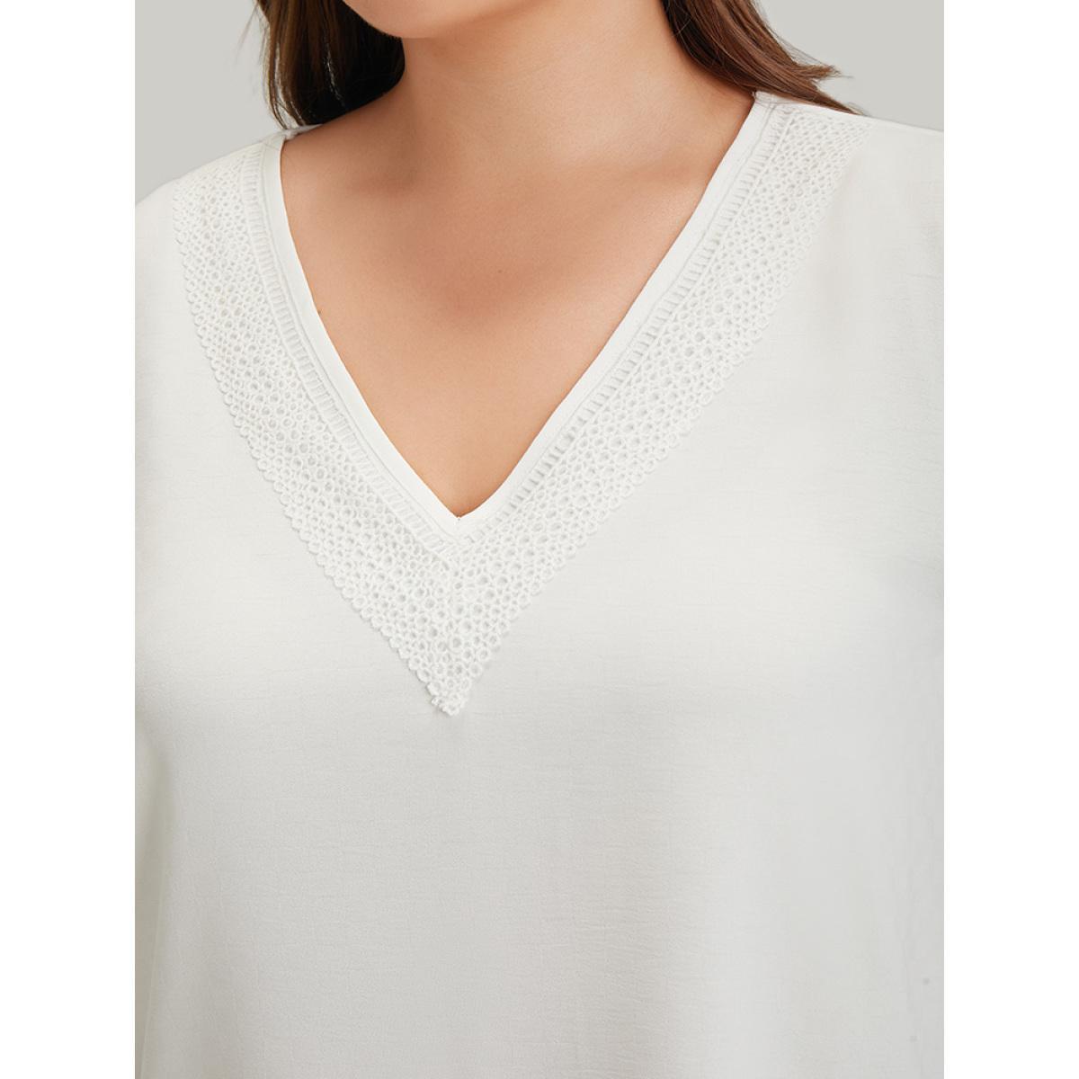 Plus Size Ivory Anti-Wrinkle Plain Lace Cut Out Knot Sleeve Blouse Women Office Short sleeve V-neck Work Blouses BloomChic 22-24/3X Product Image