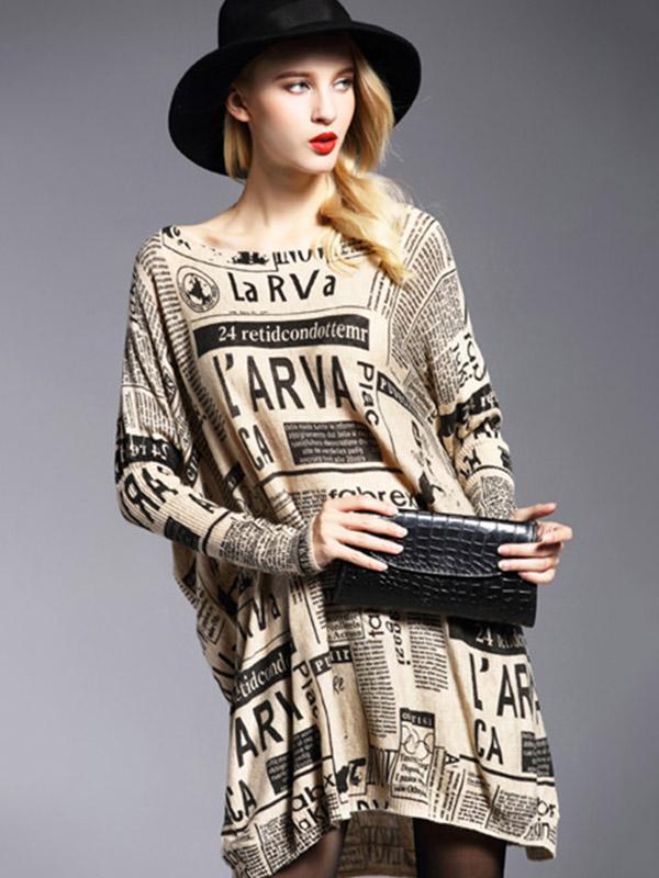 Vintage Loose One-Shoulder Newspaper Printed Split-Joint Sweater Product Image