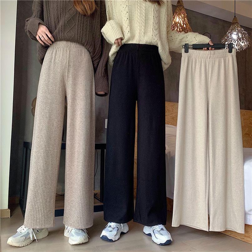 Elastic Waist Plain Ribbed Wide Leg Pants (Various Designs) Product Image