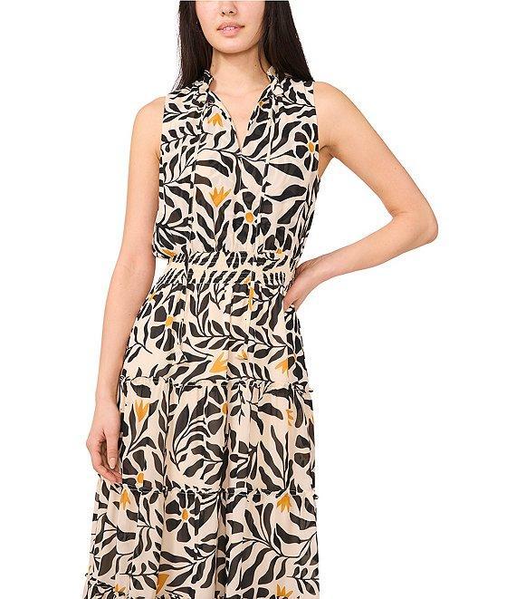 1. STATE Woven Split Round Neck Sleeveless Smocked Waist Tiered Maxi Dress Product Image