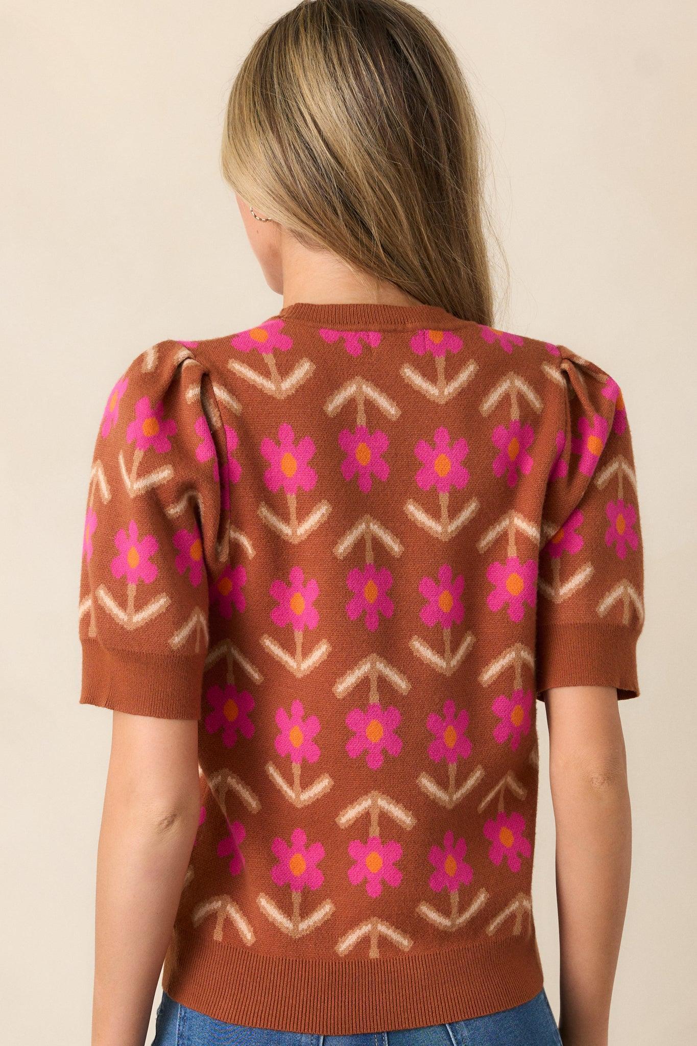 Blooming Breezes Cinnamon Floral Short Sleeve Sweater Product Image