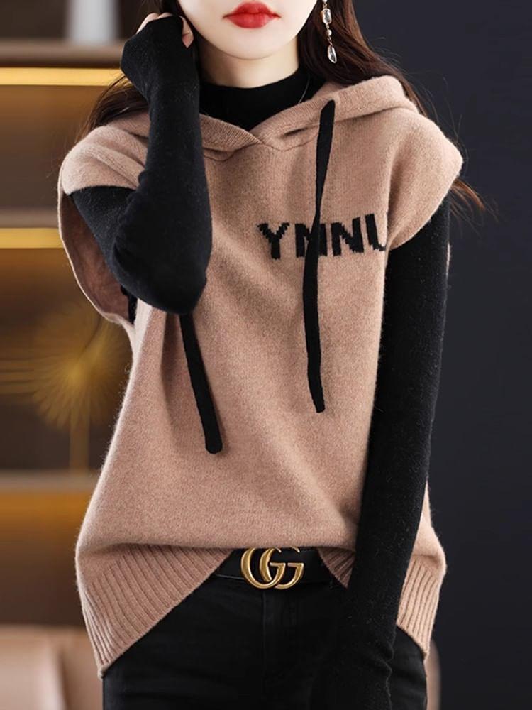 Lettering Print Drawstring Hooded Sweater Vest Product Image