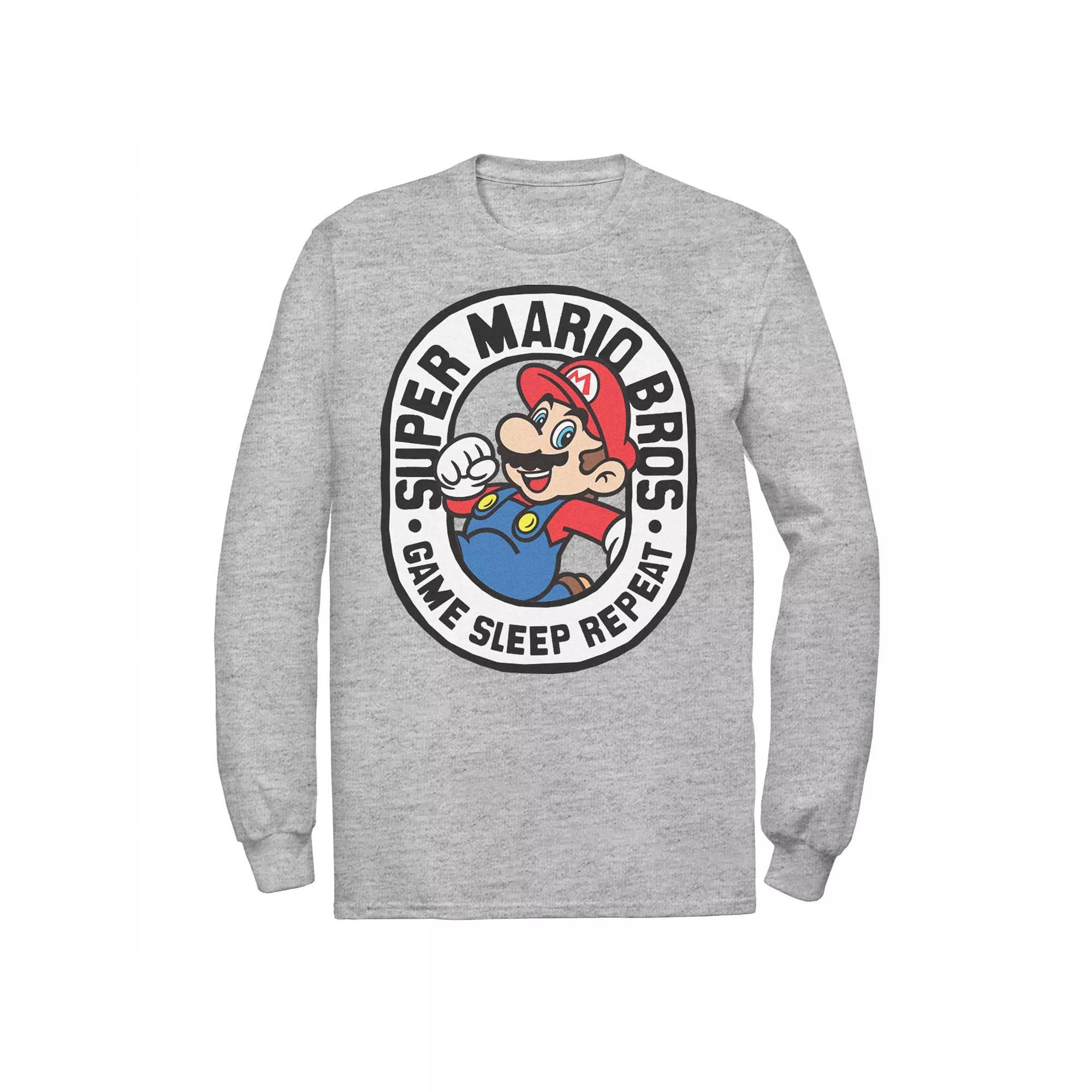 Men's Super Mario Bros Game Sleep Repeat Retro Logo Long Sleeve Tee, Size: 3XL Tall, Athletic Grey Product Image