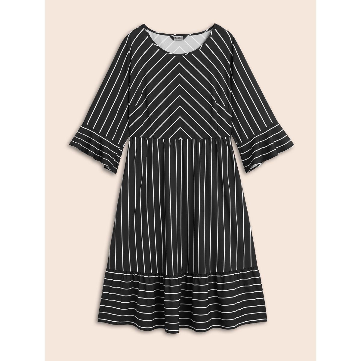 Plus Size Striped Flutter Sleeve Midi Dress Black Women At the Office Ruffles Round Neck Elbow-length sleeve Curvy BloomChic 22-24/3X Product Image