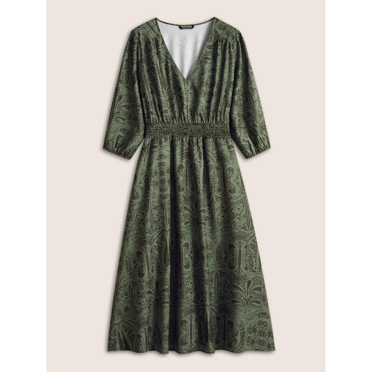 Plus Size Paisley Print Shirred Lantern Sleeve Dress ArmyGreen Women Vacation Elastic cuffs V-neck Elbow-length sleeve Curvy Midi Dress BloomChic 10/M Product Image