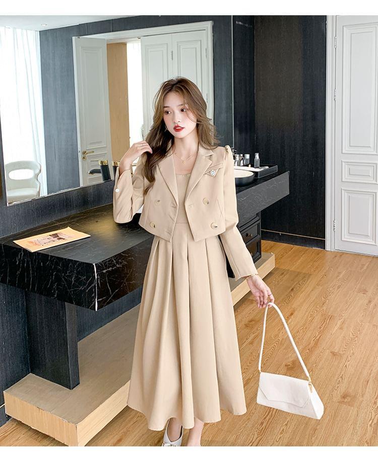 Set: Spaghetti Strap Plain Midi A-Line Dress + Crop Double-Breasted Blazer Product Image