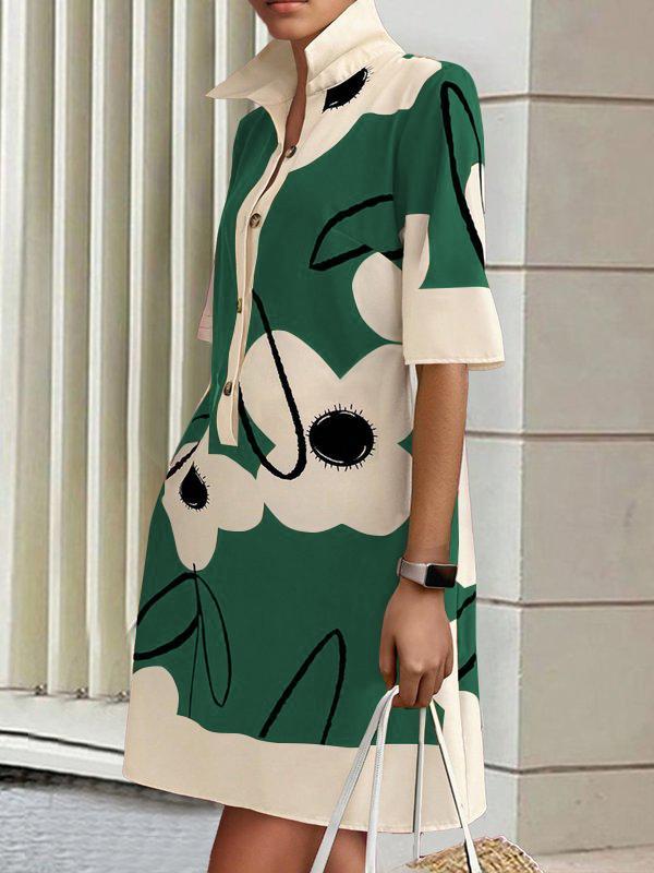 A-Line Half Sleeves Buttoned Contrast Color Flower Print Pockets Stand Collar Mini Dresses Product Image