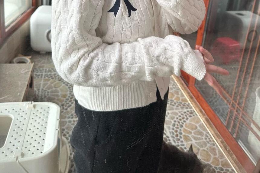 Bow Embroidered Cable-Knit Cardigan Product Image