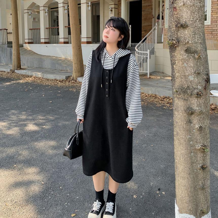 Plus Size Set: Puff-Sleeve Striped Hoodie + Henley Plain Midi Overall Dress Product Image