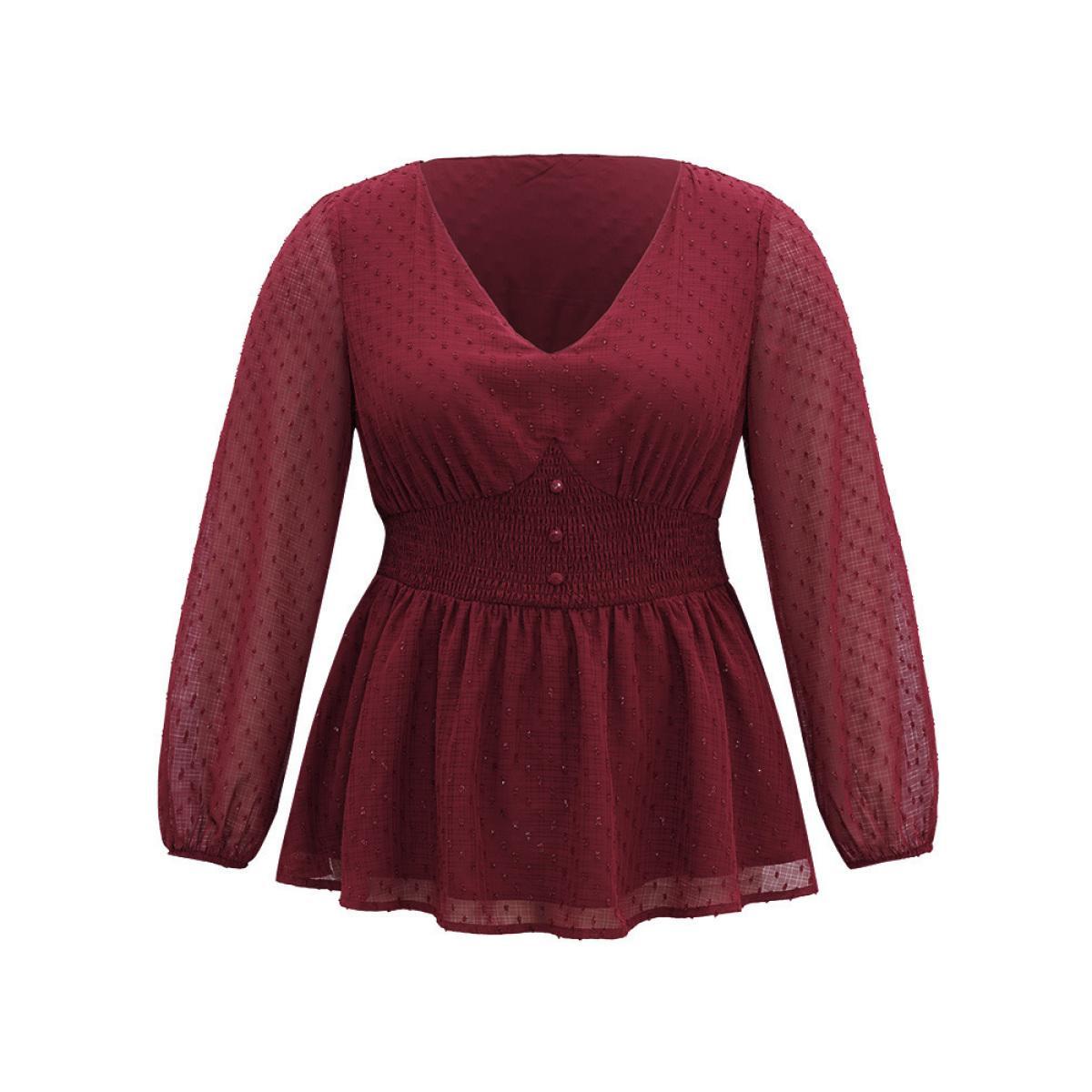 Plus Size Burgundy Plain Textured Shirred Lantern Sleeve Blouse Women Glamour Long Sleeve V-neck Work Blouses BloomChic 28/5X Product Image