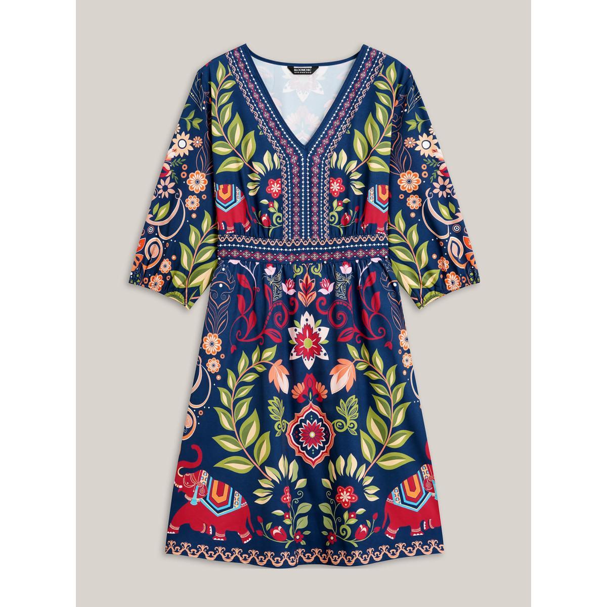 Plus Size Boho Print V-Neck Pockets Midi Dress DarkBlue Women Resort Non V-neck Elbow-length sleeve Curvy BloomChic 12/L Product Image