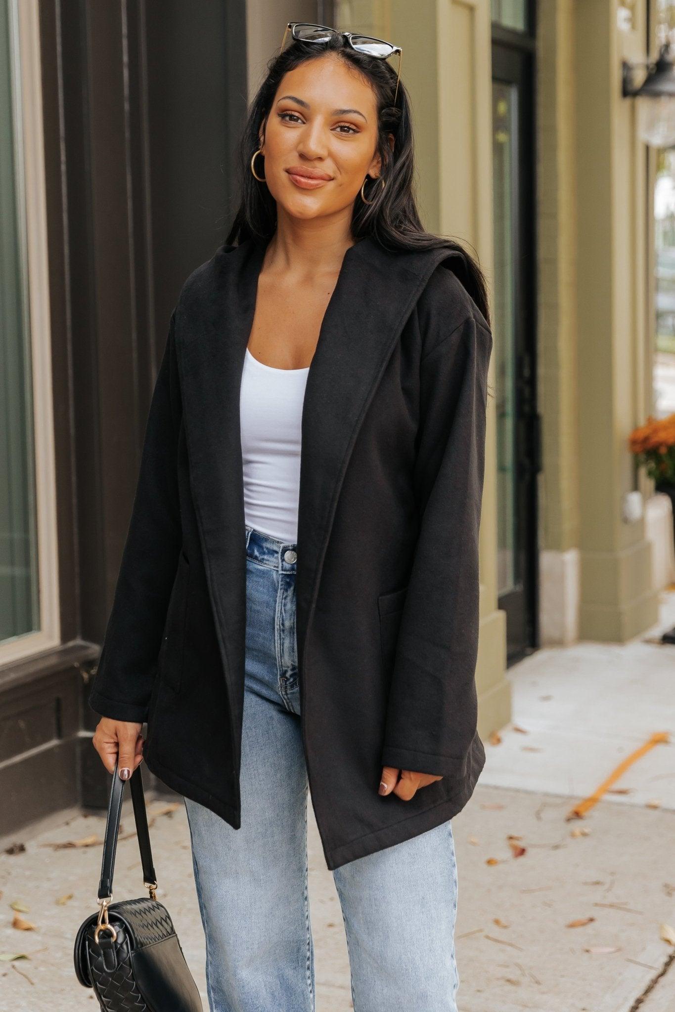 Sophisticated Black Tie Hooded Coat - FINAL SALE Product Image