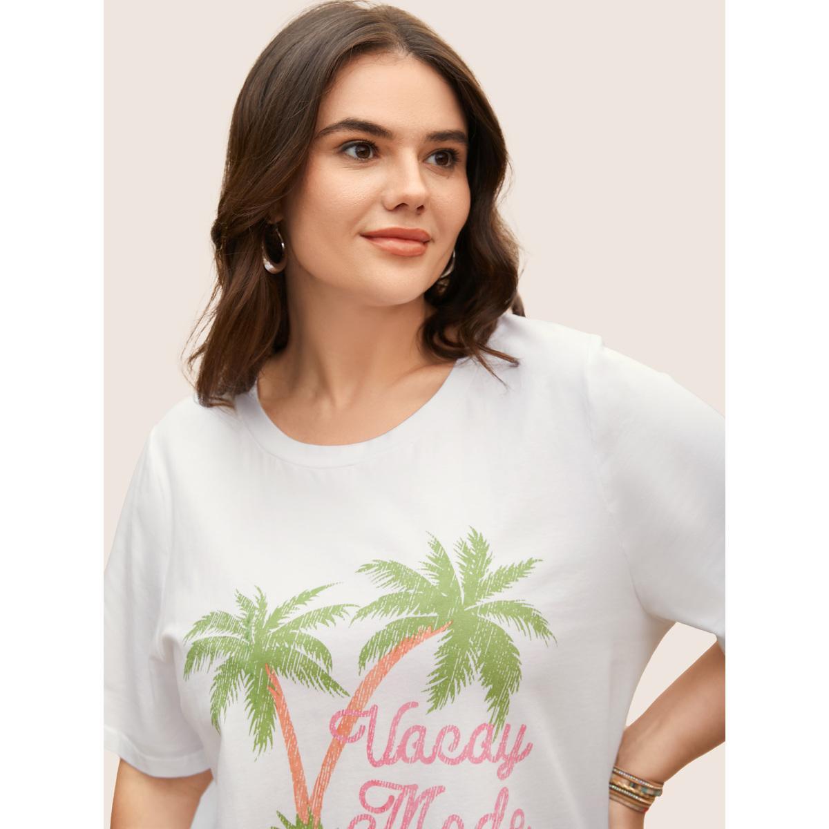 Plus Size Cotton Vacation Tropical Print Round Neck T-shirt Originalwhite Women Resort Contrast Tropical Round Neck Vacation T-shirts BloomChic 22-24/3X Product Image