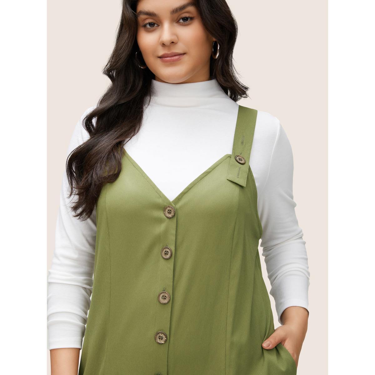 Plus Size ArmyGreen Solid Texture Button Up Crinkled Jumpsuit Women Casual Sleeveless V-neck Everyday Loose Jumpsuits BloomChic 22-24/3X Product Image