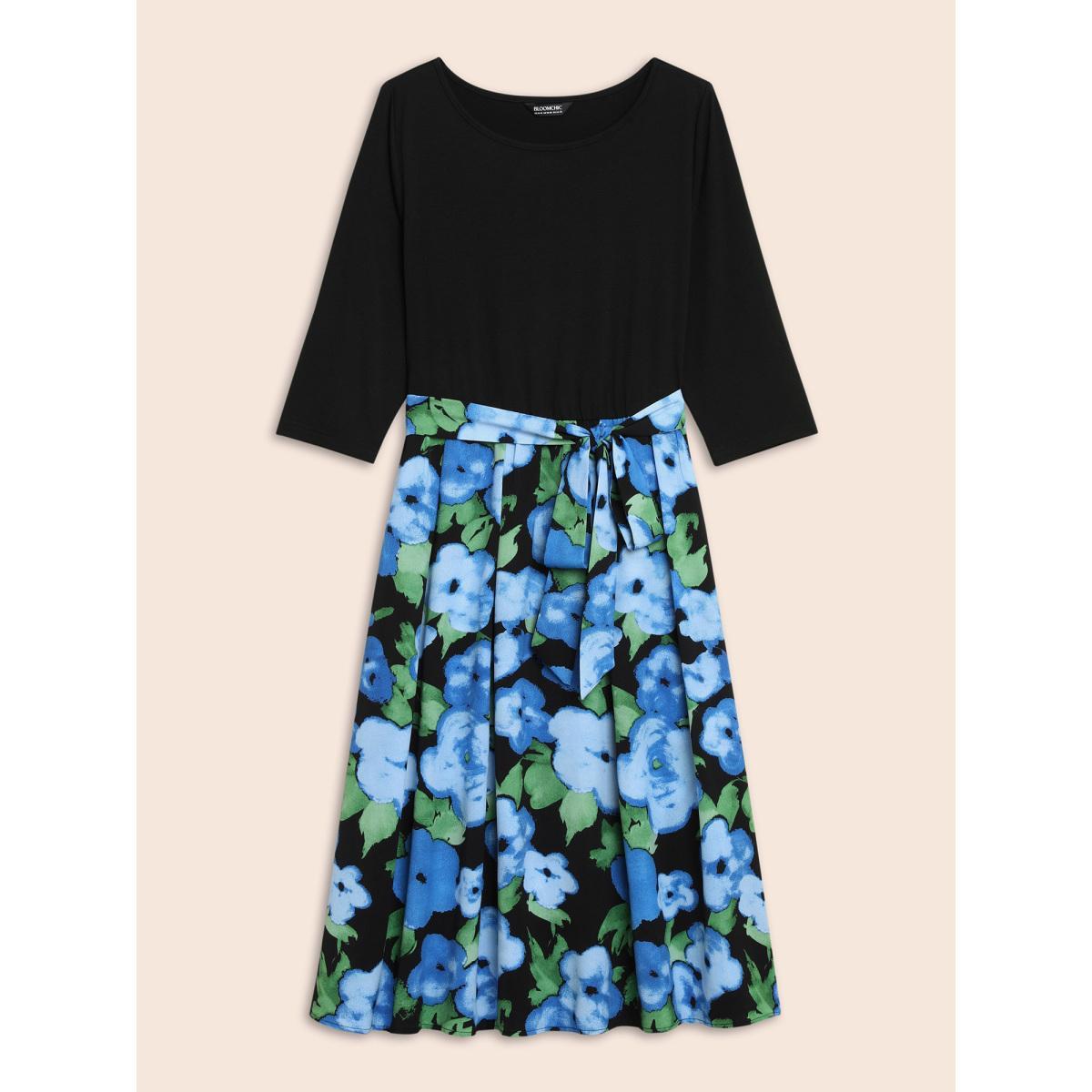 Plus Size Round Neck Floral Patchwork Belted Dress Black Women Elegant Belted Round Neck Elbow-length sleeve Curvy BloomChic 22-24/3X Product Image