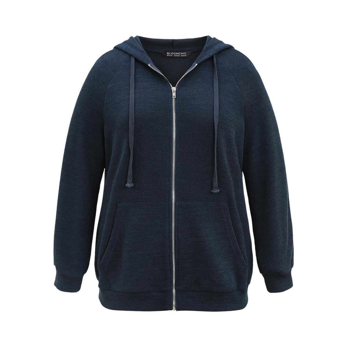 Plus Size Rib Knit Raglan Sleeve Hooded Drawstring Sweatshirt Women Indigo Casual Texture Hooded Dailywear Sweatshirts BloomChic 10/M Product Image