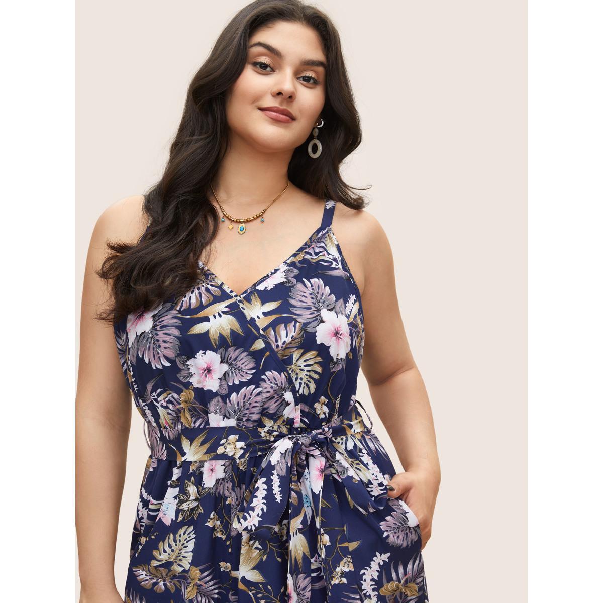 Vacation Floral Rouge Ties Sleeveless Plus Size Camisole Jumpsuits Women Holiday Vacation Spaghetti Strap Pocket Belt Dailywear Jumpsuits BloomChic Product Image