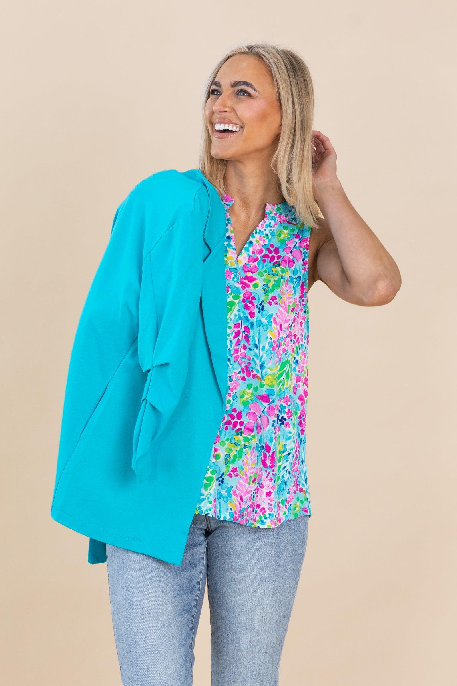 Aqua Floral V-Neck Wrinkle Free Top Product Image